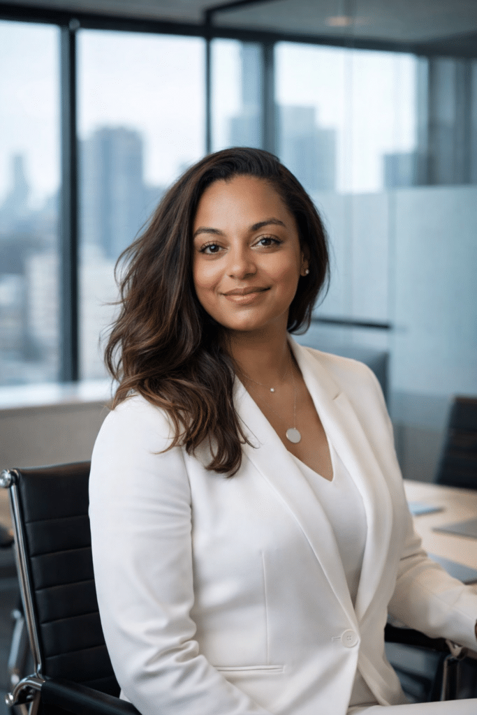 Tálua Jarones em retrato profissional no escritório, usando blazer branco, em imagem sobre liderança feminina, impacto social e empreendedorismo na Bahia.