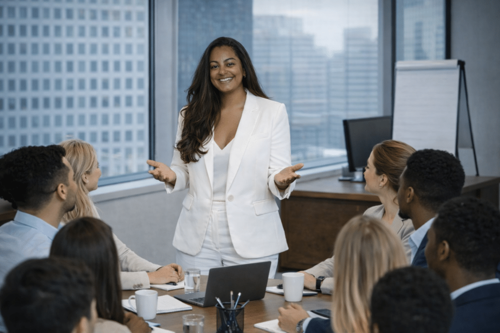 Tálua Jarones conduz reunião em ambiente corporativo sobre liderança, empreendedorismo feminino e impacto social.